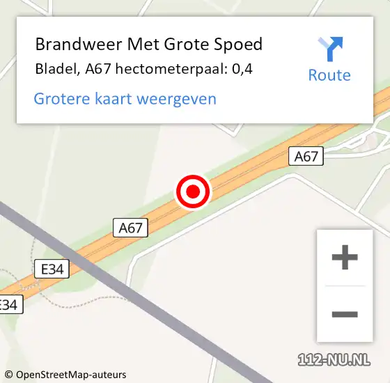 Locatie op kaart van de 112 melding: Brandweer Met Grote Spoed Naar Bladel, A67 hectometerpaal: 0,4 op 18 oktober 2023 15:44