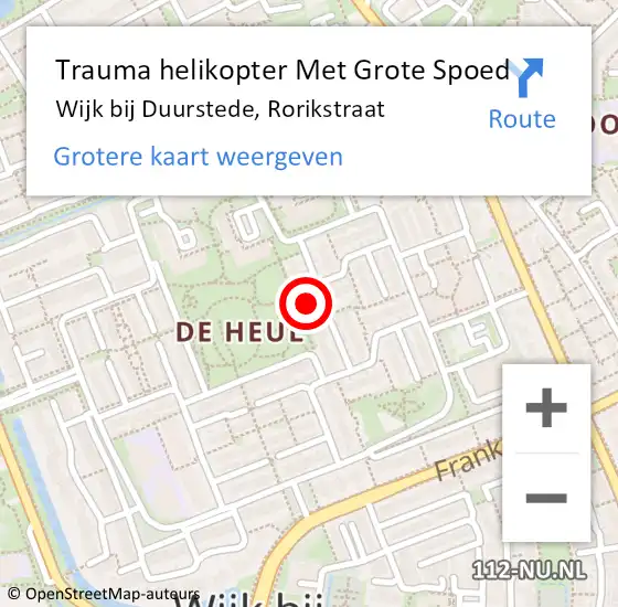 Locatie op kaart van de 112 melding: Trauma helikopter Met Grote Spoed Naar Wijk bij Duurstede, Rorikstraat op 18 oktober 2023 17:10