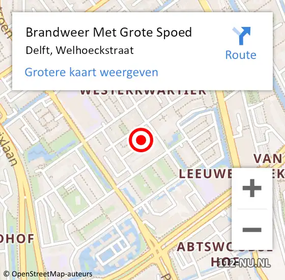 Locatie op kaart van de 112 melding: Brandweer Met Grote Spoed Naar Delft, Welhoeckstraat op 18 oktober 2023 21:46