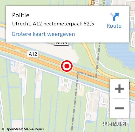 Locatie op kaart van de 112 melding: Politie Utrecht, A12 hectometerpaal: 52,5 op 18 oktober 2023 23:50