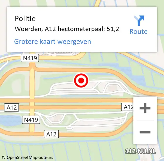 Locatie op kaart van de 112 melding: Politie Woerden, A12 hectometerpaal: 51,2 op 18 oktober 2023 23:51