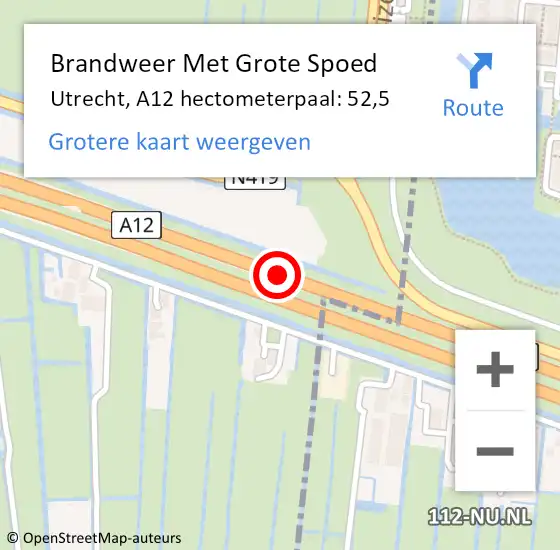 Locatie op kaart van de 112 melding: Brandweer Met Grote Spoed Naar Utrecht, A12 hectometerpaal: 52,5 op 18 oktober 2023 23:59