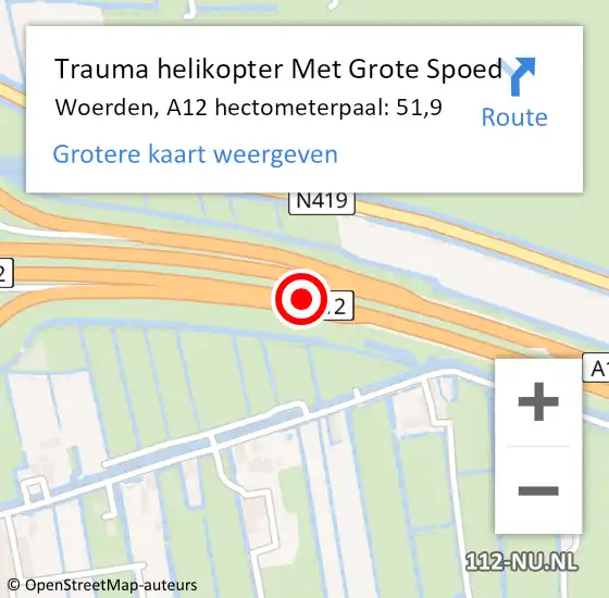 Locatie op kaart van de 112 melding: Trauma helikopter Met Grote Spoed Naar Woerden, A12 hectometerpaal: 51,9 op 19 oktober 2023 00:01