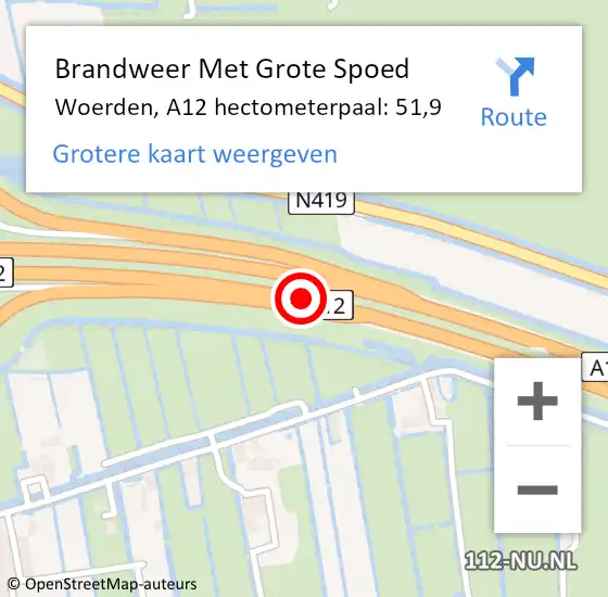 Locatie op kaart van de 112 melding: Brandweer Met Grote Spoed Naar Woerden, A12 hectometerpaal: 51,9 op 19 oktober 2023 00:02