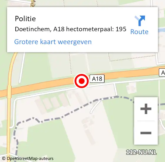 Locatie op kaart van de 112 melding: Politie Doetinchem, A18 hectometerpaal: 195 op 19 oktober 2023 05:09
