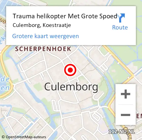 Locatie op kaart van de 112 melding: Trauma helikopter Met Grote Spoed Naar Culemborg, Koestraatje op 19 oktober 2023 05:35