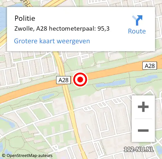 Locatie op kaart van de 112 melding: Politie Zwolle, A28 hectometerpaal: 95,3 op 19 oktober 2023 07:15