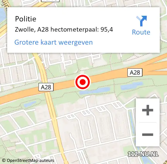 Locatie op kaart van de 112 melding: Politie Zwolle, A28 hectometerpaal: 95,4 op 19 oktober 2023 07:16