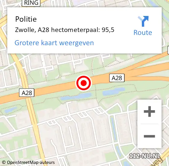 Locatie op kaart van de 112 melding: Politie Zwolle, A28 hectometerpaal: 95,5 op 19 oktober 2023 07:17