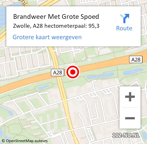 Locatie op kaart van de 112 melding: Brandweer Met Grote Spoed Naar Zwolle, A28 hectometerpaal: 95,3 op 19 oktober 2023 07:18