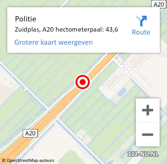 Locatie op kaart van de 112 melding: Politie Zuidplas, A20 hectometerpaal: 43,6 op 19 oktober 2023 08:19