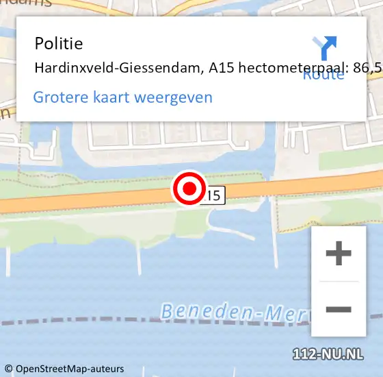 Locatie op kaart van de 112 melding: Politie Hardinxveld-Giessendam, A15 hectometerpaal: 86,5 op 19 oktober 2023 10:00