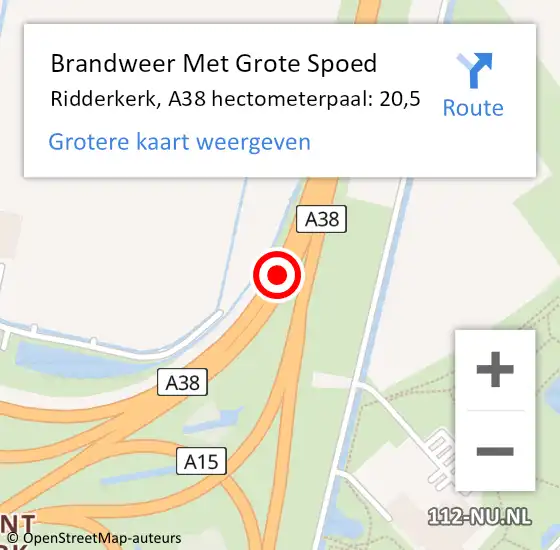 Locatie op kaart van de 112 melding: Brandweer Met Grote Spoed Naar Ridderkerk, A38 hectometerpaal: 20,5 op 19 oktober 2023 13:04