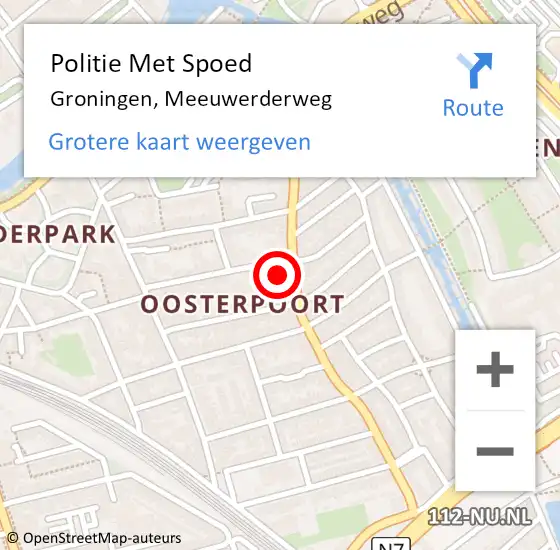 Locatie op kaart van de 112 melding: Politie Met Spoed Naar Groningen, Meeuwerderweg op 19 oktober 2023 14:46