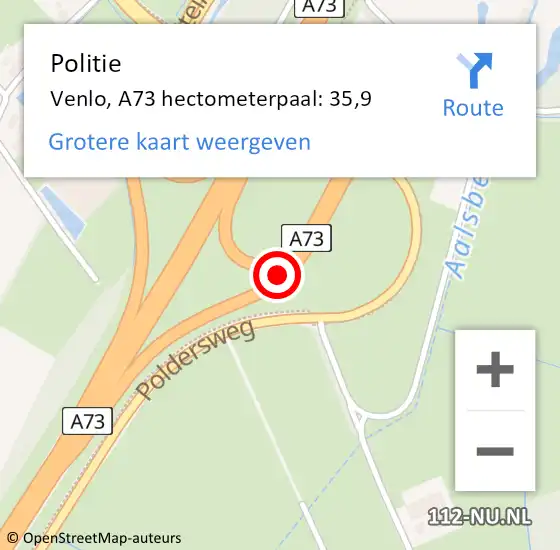 Locatie op kaart van de 112 melding: Politie Venlo, A73 hectometerpaal: 35,9 op 19 oktober 2023 15:50