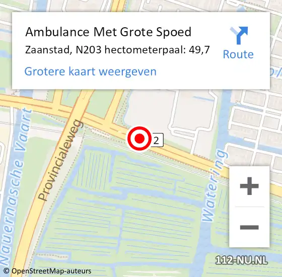 Locatie op kaart van de 112 melding: Ambulance Met Grote Spoed Naar Zaanstad, N203 hectometerpaal: 49,7 op 19 oktober 2023 16:19