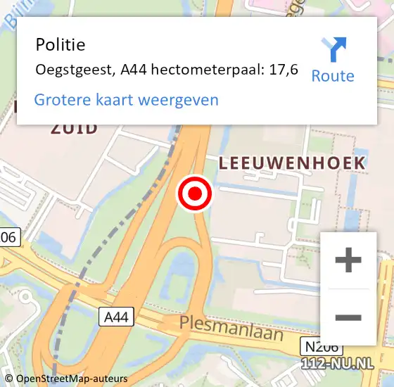 Locatie op kaart van de 112 melding: Politie Oegstgeest, A44 hectometerpaal: 17,6 op 19 oktober 2023 16:29