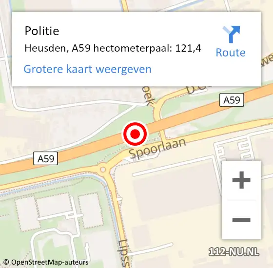 Locatie op kaart van de 112 melding: Politie Heusden, A59 hectometerpaal: 121,4 op 19 oktober 2023 17:03