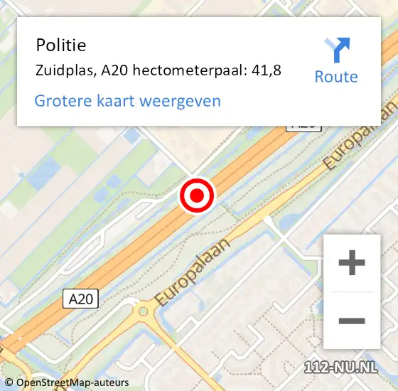 Locatie op kaart van de 112 melding: Politie Zuidplas, A20 hectometerpaal: 41,8 op 19 oktober 2023 17:26