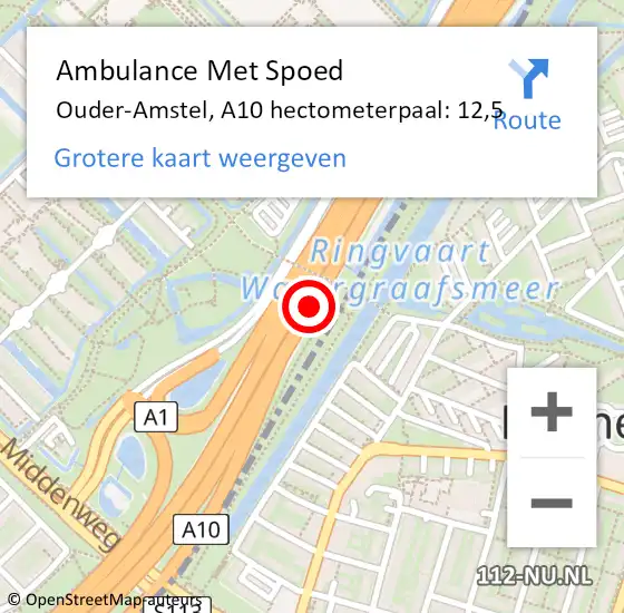 Locatie op kaart van de 112 melding: Ambulance Met Spoed Naar Ouder-Amstel, A10 hectometerpaal: 12,5 op 19 oktober 2023 17:45