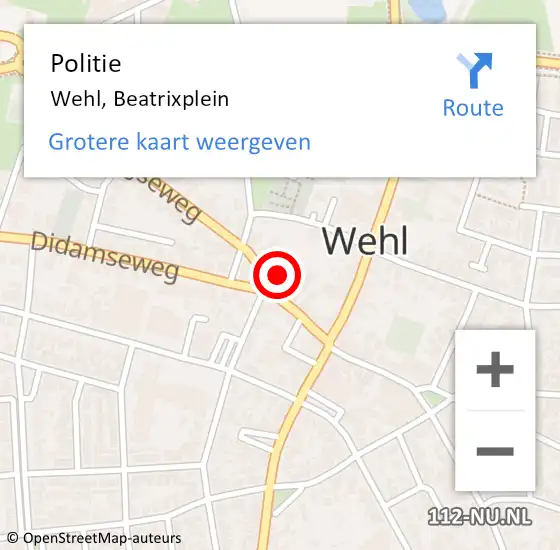 Locatie op kaart van de 112 melding: Politie Wehl, Beatrixplein op 19 oktober 2023 18:40