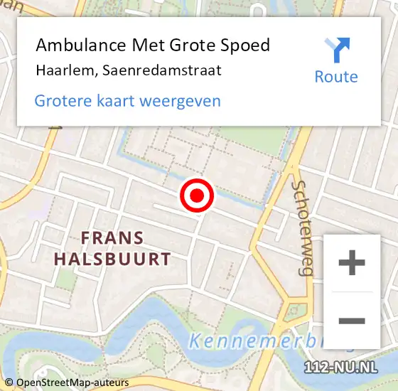 Locatie op kaart van de 112 melding: Ambulance Met Grote Spoed Naar Haarlem, Saenredamstraat op 19 oktober 2023 19:09