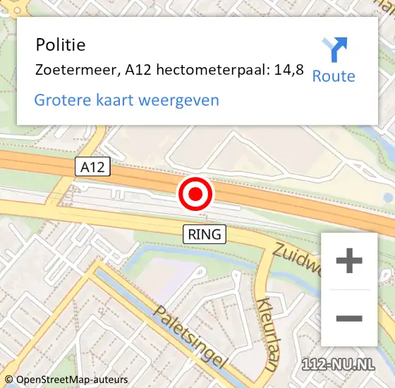 Locatie op kaart van de 112 melding: Politie Zoetermeer, A12 hectometerpaal: 14,8 op 19 oktober 2023 20:30