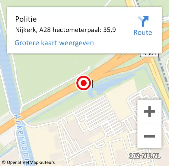 Locatie op kaart van de 112 melding: Politie Nijkerk, A28 hectometerpaal: 35,9 op 19 oktober 2023 21:19
