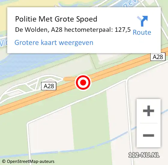 Locatie op kaart van de 112 melding: Politie Met Grote Spoed Naar De Wolden, A28 hectometerpaal: 127,5 op 19 oktober 2023 21:55
