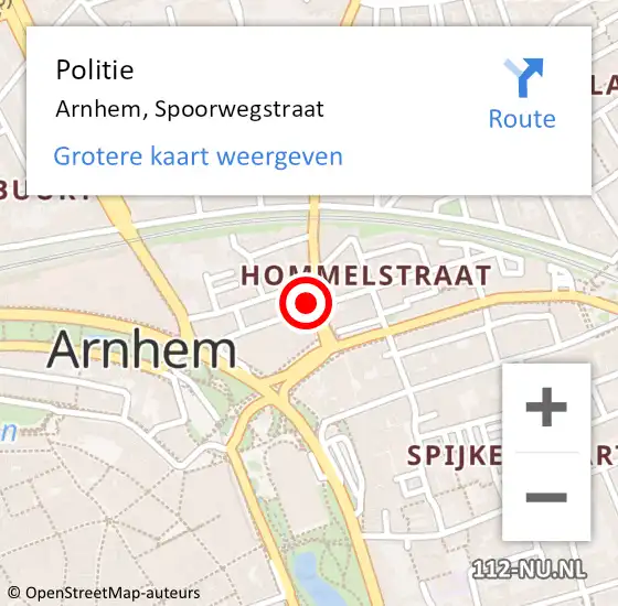 Locatie op kaart van de 112 melding: Politie Arnhem, Spoorwegstraat op 19 oktober 2023 22:36