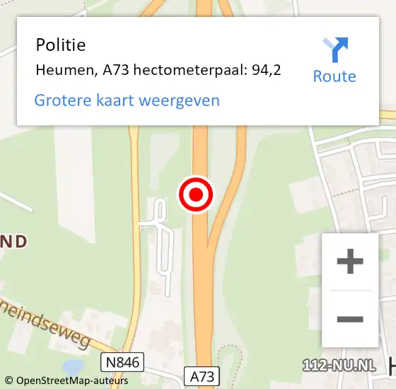 Locatie op kaart van de 112 melding: Politie Heumen, A73 hectometerpaal: 94,2 op 20 oktober 2023 01:34