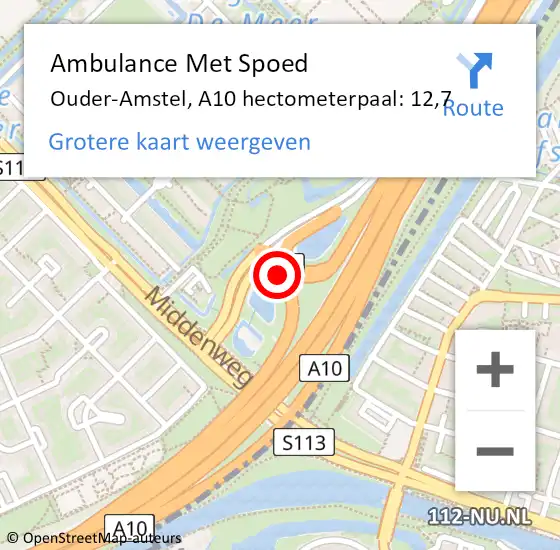 Locatie op kaart van de 112 melding: Ambulance Met Spoed Naar Ouder-Amstel, A10 hectometerpaal: 12,7 op 20 oktober 2023 08:40