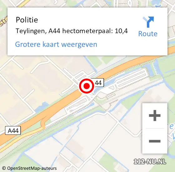 Locatie op kaart van de 112 melding: Politie Teylingen, A44 hectometerpaal: 10,4 op 20 oktober 2023 10:26