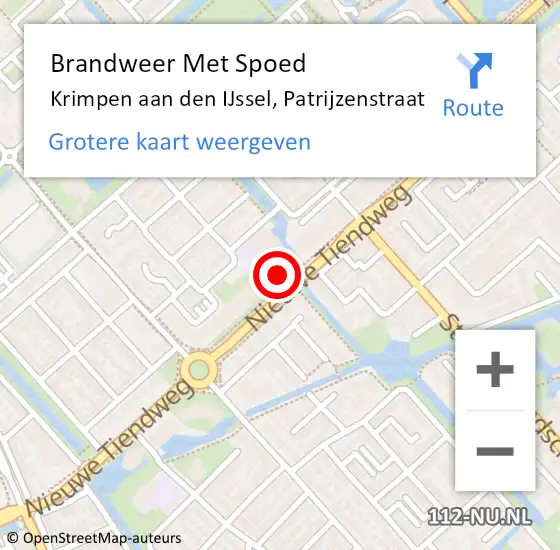 Locatie op kaart van de 112 melding: Brandweer Met Spoed Naar Krimpen aan den IJssel, Patrijzenstraat op 20 oktober 2023 10:48