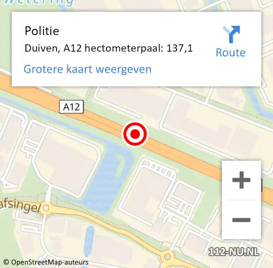 Locatie op kaart van de 112 melding: Politie Duiven, A12 hectometerpaal: 137,1 op 20 oktober 2023 14:18