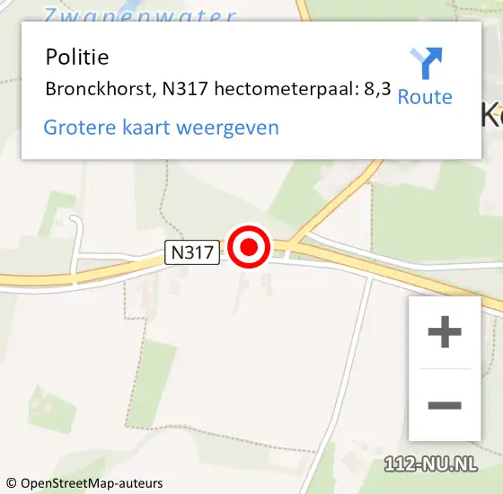 Locatie op kaart van de 112 melding: Politie Bronckhorst, N317 hectometerpaal: 8,3 op 20 oktober 2023 14:36