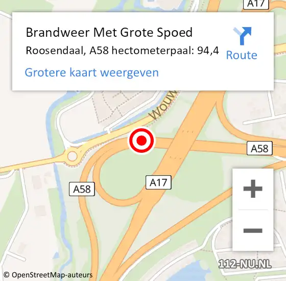 Locatie op kaart van de 112 melding: Brandweer Met Grote Spoed Naar Roosendaal, A58 hectometerpaal: 94,4 op 20 oktober 2023 14:51