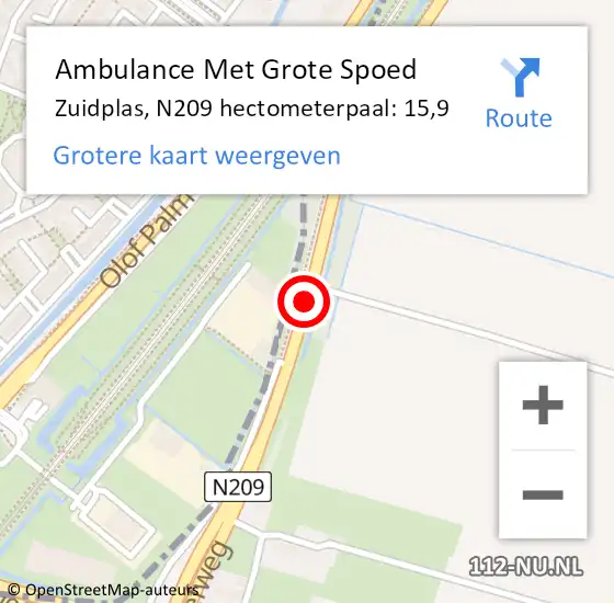 Locatie op kaart van de 112 melding: Ambulance Met Grote Spoed Naar Zuidplas, N209 hectometerpaal: 15,9 op 20 oktober 2023 15:08