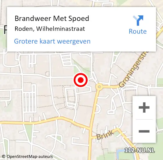 Locatie op kaart van de 112 melding: Brandweer Met Spoed Naar Roden, Wilhelminastraat op 20 oktober 2023 15:12