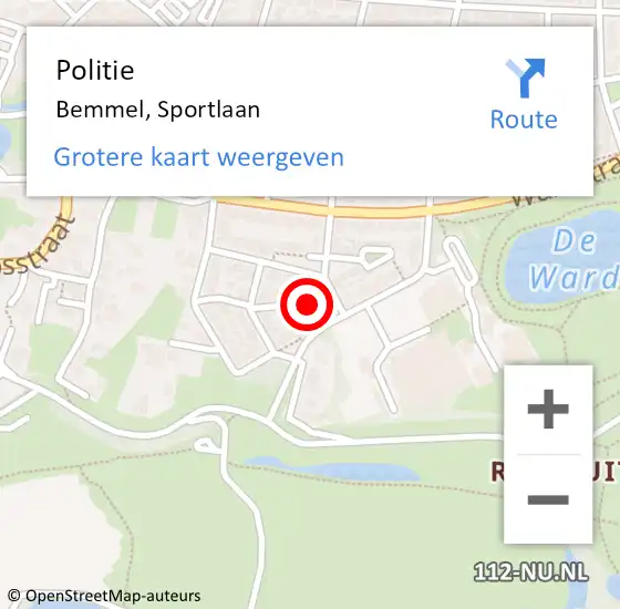 Locatie op kaart van de 112 melding: Politie Bemmel, Sportlaan op 20 oktober 2023 15:26