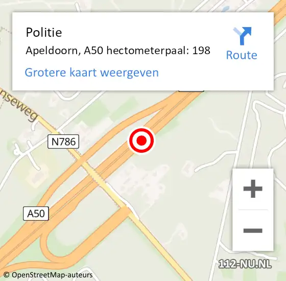 Locatie op kaart van de 112 melding: Politie Apeldoorn, A50 hectometerpaal: 198 op 20 oktober 2023 15:59
