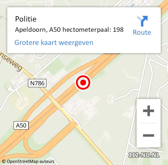 Locatie op kaart van de 112 melding: Politie Apeldoorn, A50 hectometerpaal: 198 op 20 oktober 2023 16:00