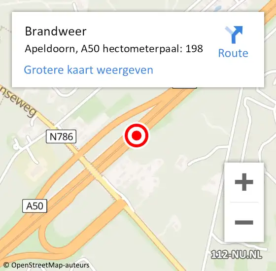 Locatie op kaart van de 112 melding: Brandweer Apeldoorn, A50 hectometerpaal: 198 op 20 oktober 2023 16:02