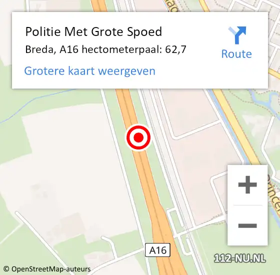 Locatie op kaart van de 112 melding: Politie Met Grote Spoed Naar Breda, A16 hectometerpaal: 62,7 op 20 oktober 2023 16:28