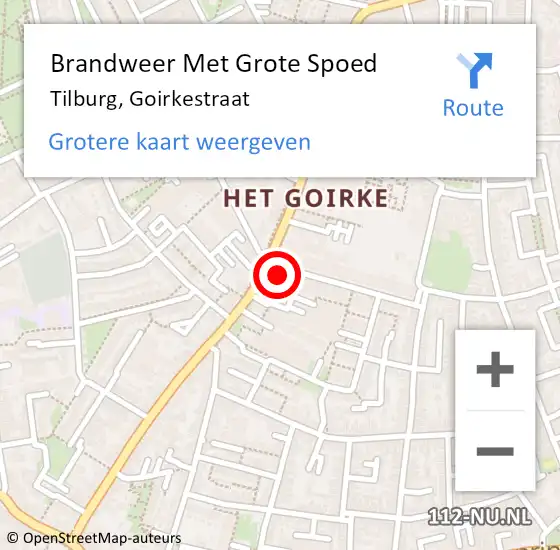 Locatie op kaart van de 112 melding: Brandweer Met Grote Spoed Naar Tilburg, Goirkestraat op 20 oktober 2023 23:28