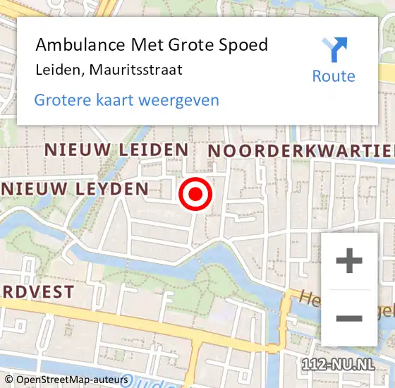 Locatie op kaart van de 112 melding: Ambulance Met Grote Spoed Naar Leiden, Mauritsstraat op 21 oktober 2023 01:44