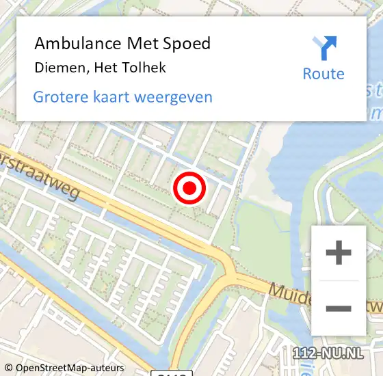 Locatie op kaart van de 112 melding: Ambulance Met Spoed Naar Diemen, Het Tolhek op 21 oktober 2023 09:30