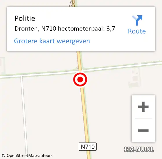 Locatie op kaart van de 112 melding: Politie Dronten, N710 hectometerpaal: 3,7 op 21 oktober 2023 09:33