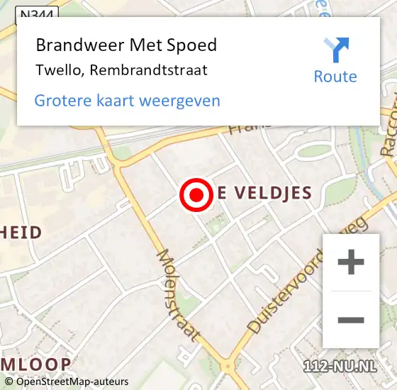 Locatie op kaart van de 112 melding: Brandweer Met Spoed Naar Twello, Rembrandtstraat op 21 oktober 2023 09:34