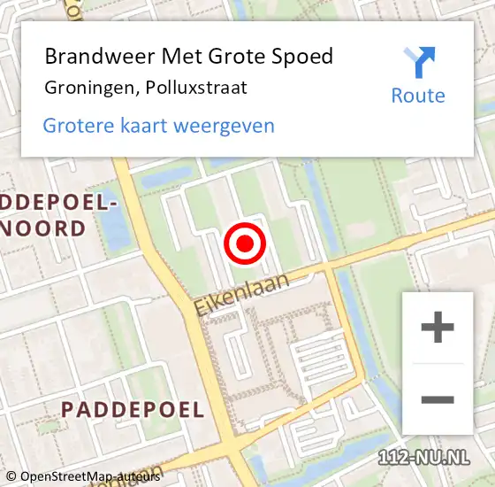 Locatie op kaart van de 112 melding: Brandweer Met Grote Spoed Naar Groningen, Polluxstraat op 21 oktober 2023 09:42